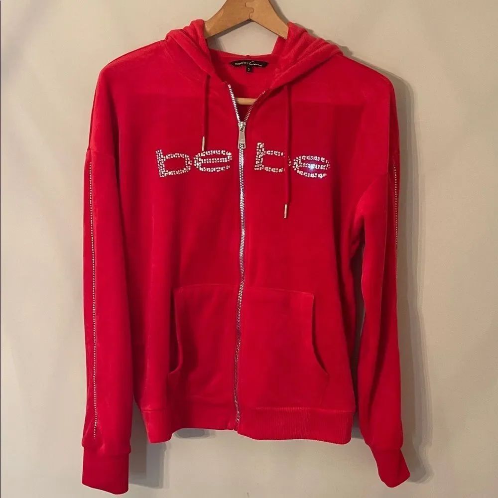 Bebe x Ciara Collab Vibrant Red Velour Zip Up Hoodie with Logo Size Small